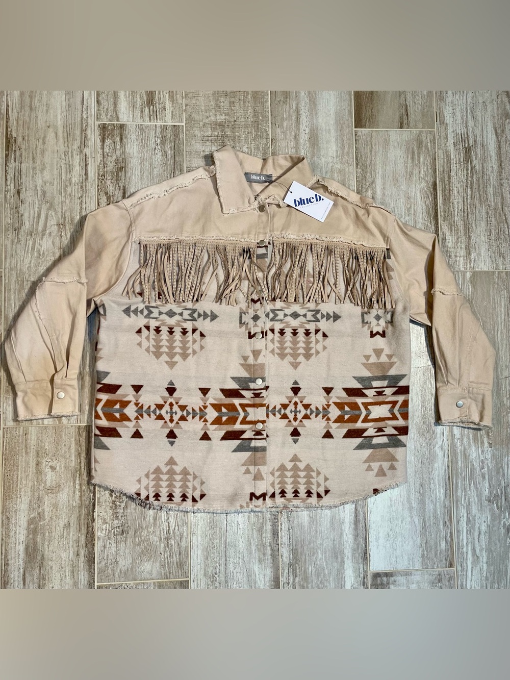 Blue B Shacket/Jacket/Shirt Women L Aztec Western Fringe Oversized NWT